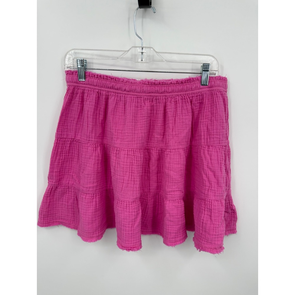 Aerie Tiered Mini Skirt Women L Pink Crinkle Gauze Frayed Hem Elastic Waist - Picture 2 of 5